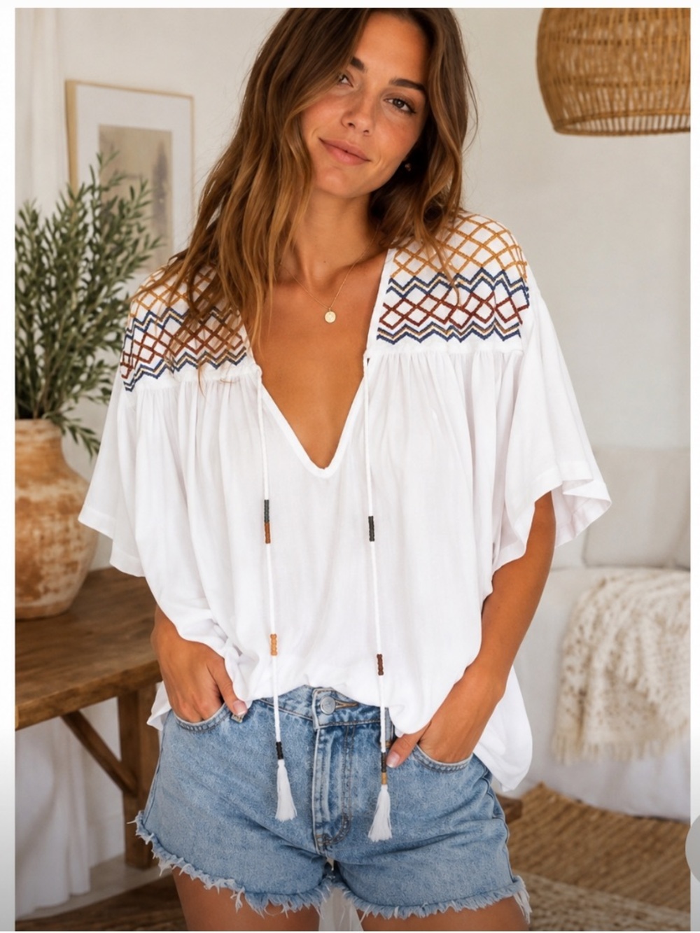 Free People Boho White Tassel Top